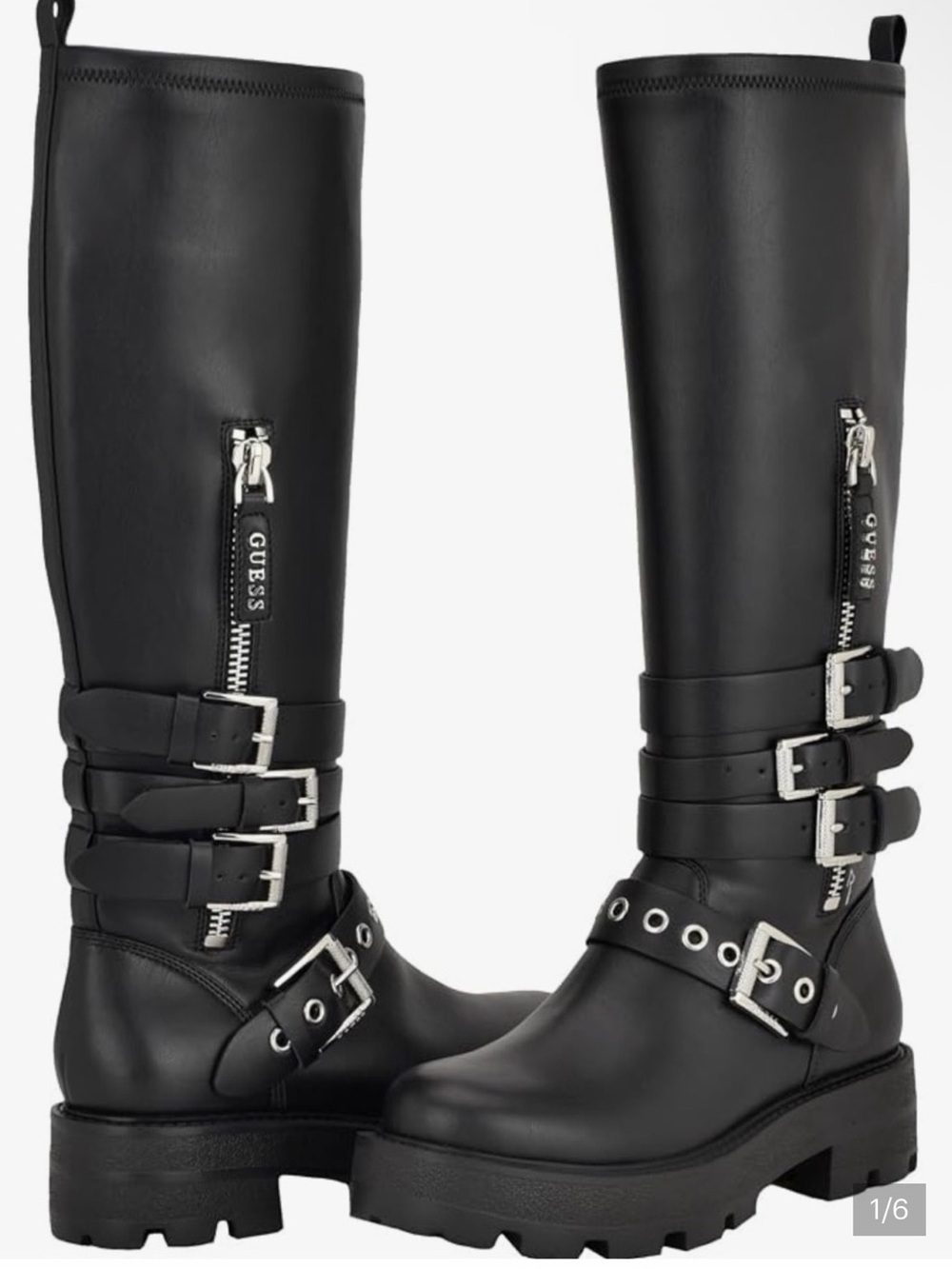 GUESS Black Tall Buckle Lug-Soled Women's Boots